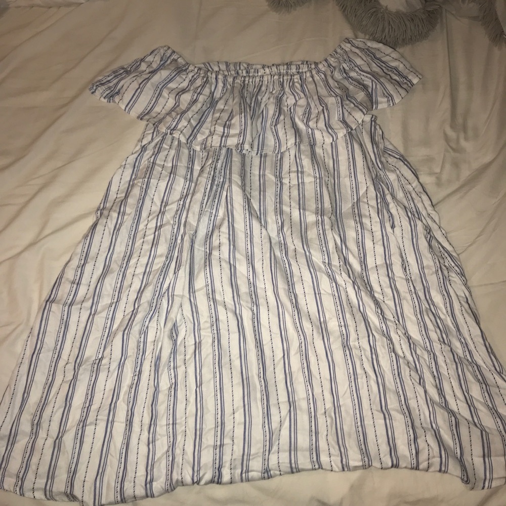 BLUE AND WHITE STRIPED OFF THE SHOULDER DRESS